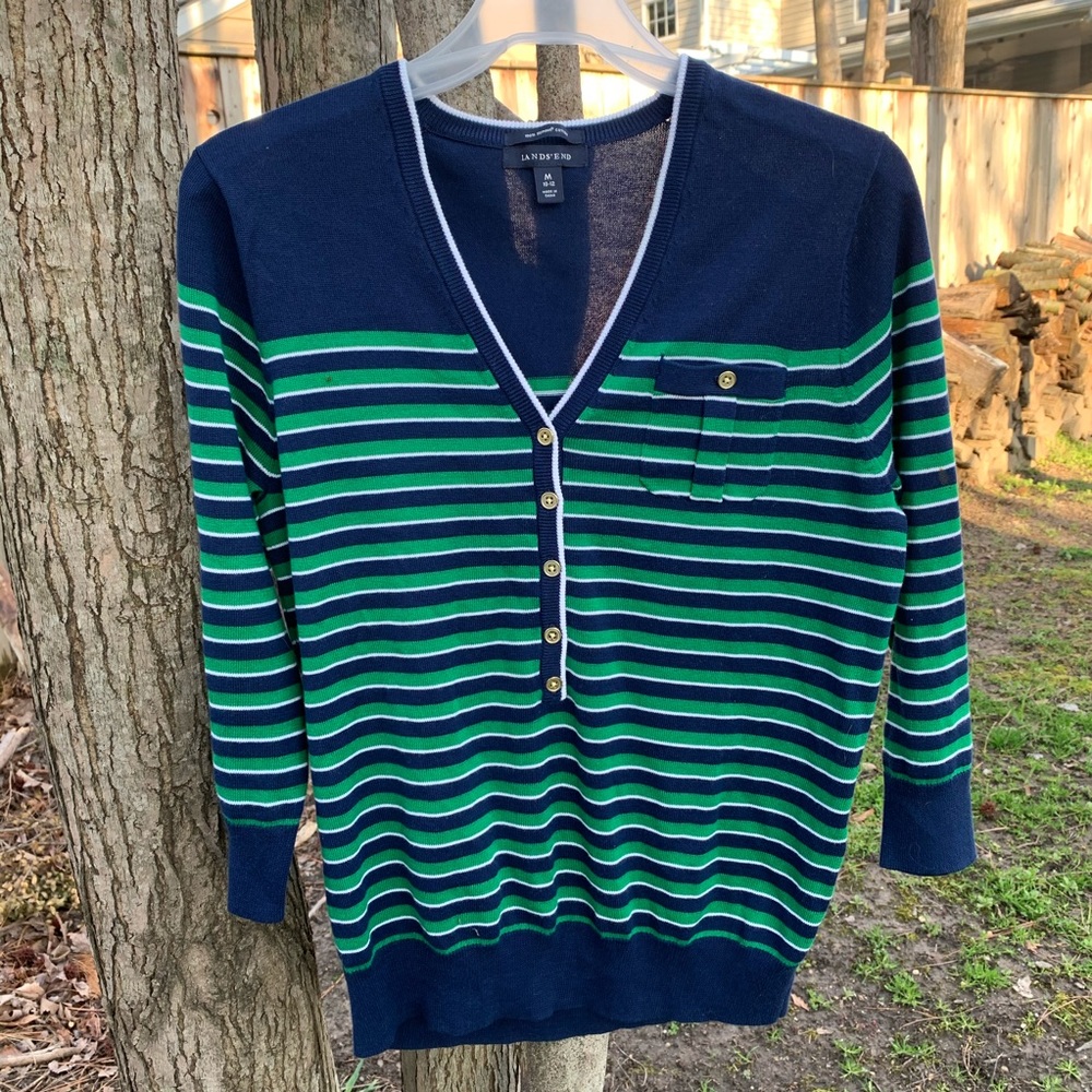 Lands End Preppy Striped Buttoned Sweater